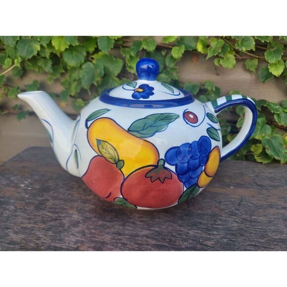 Baum Bros Style-Eyes Ceramic Teapot Rooster & Fruits Design - Picture 2 of 5
